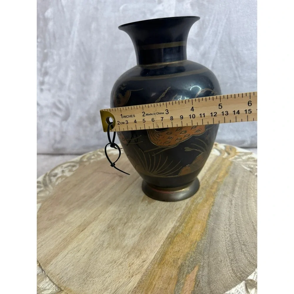 Vintage Black Etched Brass Vase Deer Gazelle Floral Palm‎ Tree Design 9.5 Inch
